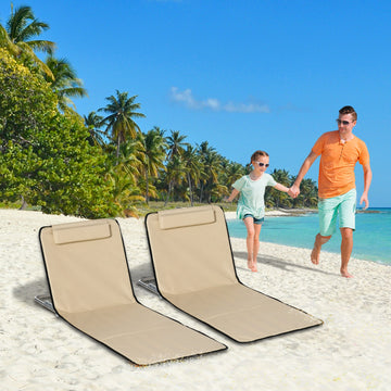 2 Pieces Beach Lounge Chair, Outdoor Folding Chaise Lounge Set w/ Pillow for Sunbath, Snap, Beige