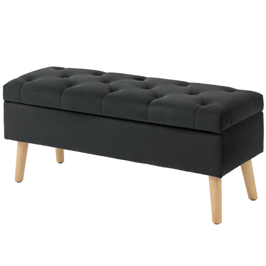 Storage Ottoman with Lid, Velvet Upholstered Storage Bench with Wood Legs for Living Room, Black