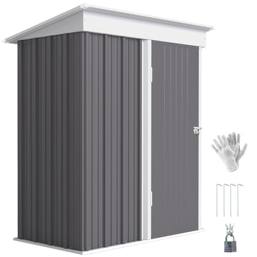 Outdoor Storage Shed, Steel Lean-to Shed with Adjustable Shelf, Lock, Gloves, 5'x3'x6', Grey