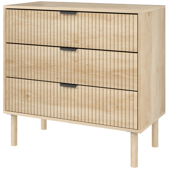 Bedroom Chest of Drawers, 3 Drawer Dresser with Fluted Panels and Solid Wood Legs, Storage Cabinet for Living Room, Oak