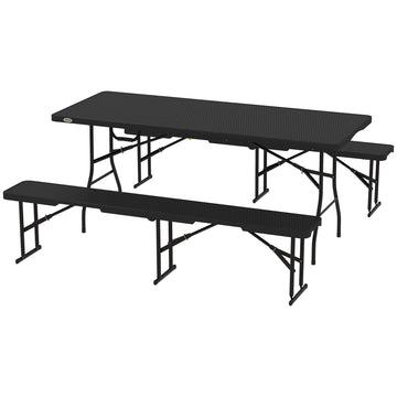 6FT 3PCS Faux Rattan Outdoor Camping Table Bench Set with Carrying Handles, Folding Picnic Table with 2 Benches, Black