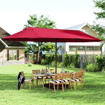 15' Outdoor Patio Umbrella with Twin Canopy Sunshade Steel Table Umbrella with Lift Crank, Cross base, Sandbag, Wine Red