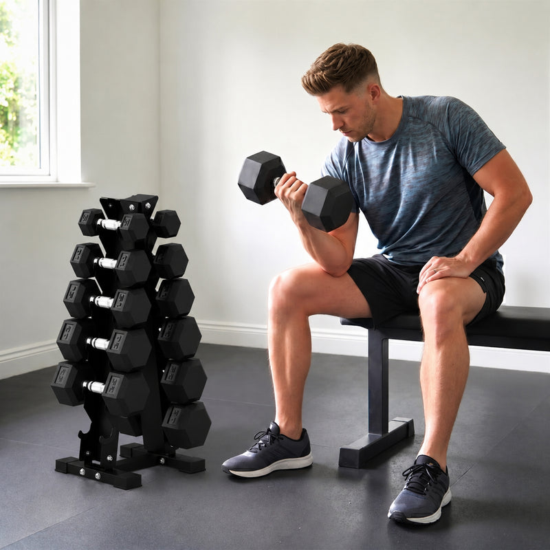 Soozier Hex Dumbbell Weight Set with Vertical Rack, 210lbs Rubber-Coated Dumbbells with Non-Slip Handles