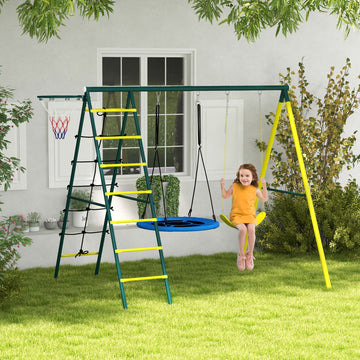 4 in 1 Swing Set for Kids with Saucer Swing, Seat, Climbing Ladder/Net, Basketball Hoop for 3-8 Years Old, Yellow