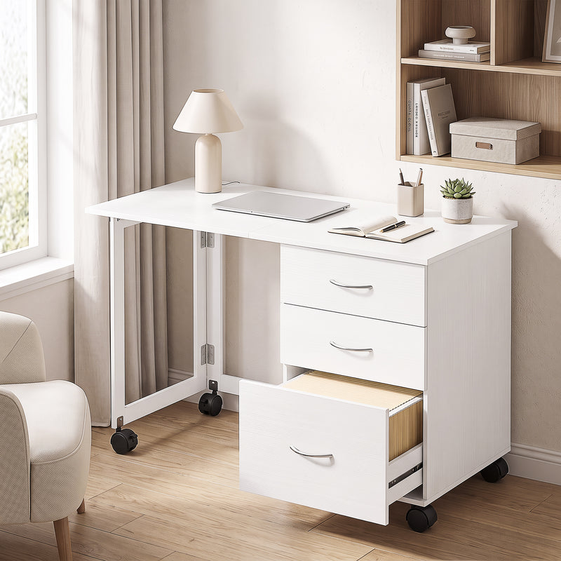 Computer Desk Foldable Top Office Desk 3 Drawers, 4 Lockable Wheels, White Wood Grain