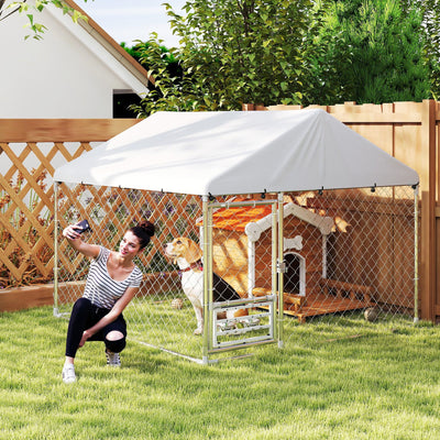 Outdoor Dog Run w/ Adjustable & Rotating Bowls, Water-Resistant UV-Resistant Cover, Secure Lock, 6.6' x 6.6' x 5.1'