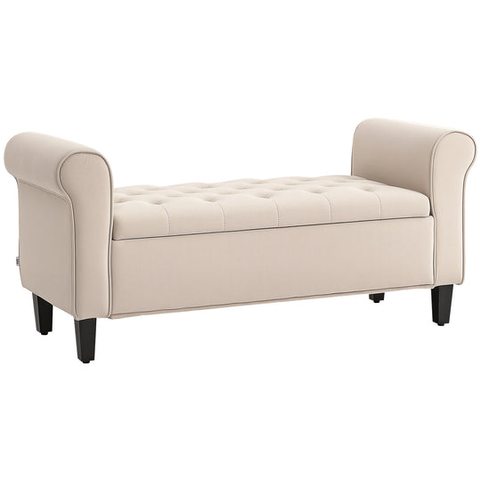 50 Inches Storage Ottoman, Upholstered Bedroom Bench with Rolled Arms and Button Tufted Storage, Beige