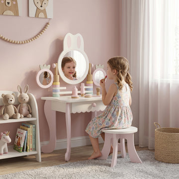 Qaba Kids Vanity Set, Kids Makeup Vanity Table and Chair with Triple Mirrors, 5 Pcs Accessories and Drawer for Girls 3+, Pink