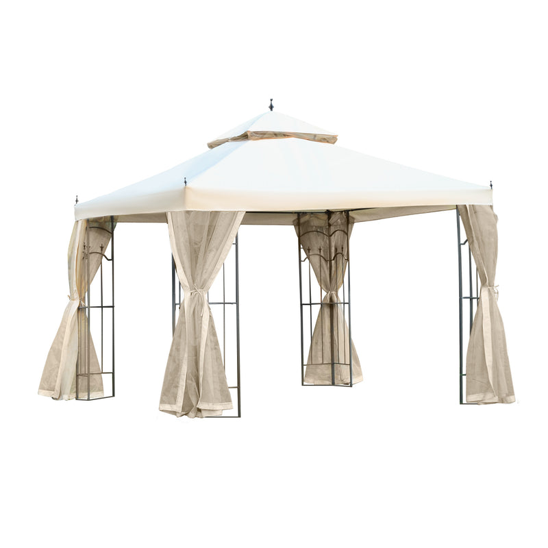 10' x 10' Steel Outdoor Patio Gazebo Canopy with Removable Mesh Curtains, Display Shelves, & Steel Frame, Brown