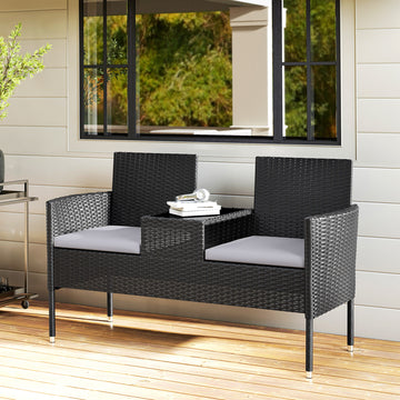 Patio Furniture w/ Mid-Table PE Rattan Loveseat w/ Cushion, Light Grey