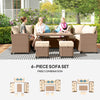 6 Pieces Patio Furniture Set, Outdoor Wicker Sofa Set, All Weather PE Rattan Conversation Furniture, with Strip Wood Grain Plastic Coffee Table & Cushions, Khaki