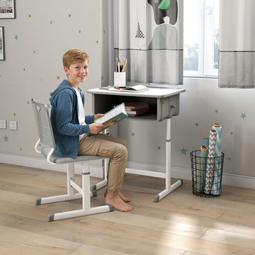 Qaba Kids Desk and Chair Set, Height Adjustable Children Study Desk and Chair with Drawer, Study Table for Bedroom, Grey