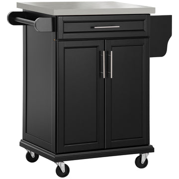 Kitchen Island with Stainless Steel Top, Rolling Kitchen Cart on Wheels with Storage Drawer, Cabinet, Towel Rack and Spice Rack (Black), Black