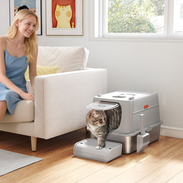 XL Stainless Steel Cat Litter Box, Kitty Litter Box with Flip Cover, Pedal, Deodorizer, for Big Cats