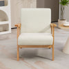 Mid-Century Modern Accent Chair Retro Fabric Armchair Wooden Arm Upholstered Lounge Chair for Living Room Cream White