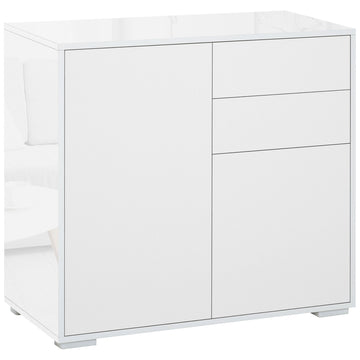 High Gloss Buffet Sideboard with 2 Drawers, 2 Doors and Adjustable Shelf, Kitchen Storage Cabinet with Push Open Design, White