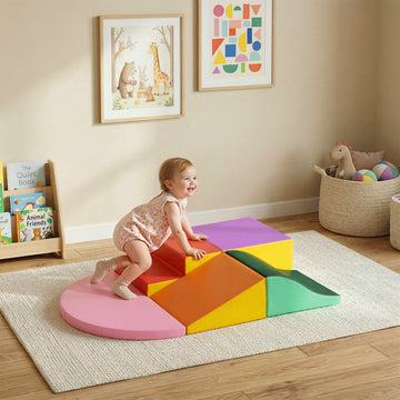 Qaba 6-Piece Soft Play for 12-36 Months Toddlers to Climb, Crawl, Slide, Red, Pink