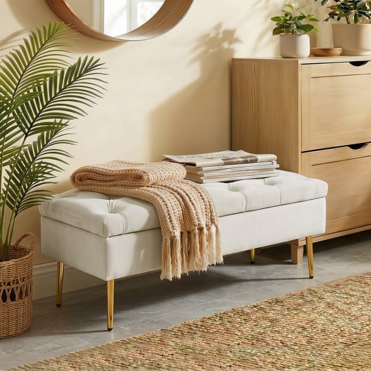 Upholstered Bedroom Bench with Gold Tone Metal Legs, Velvet Tufted and Thick Padding, Beige