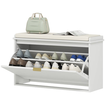 Entryway Bench with Padded Seat and Flip-Drawers, Holds up to 265lbs, Shoe Storage Bench for 8 Pairs of Shoes, White