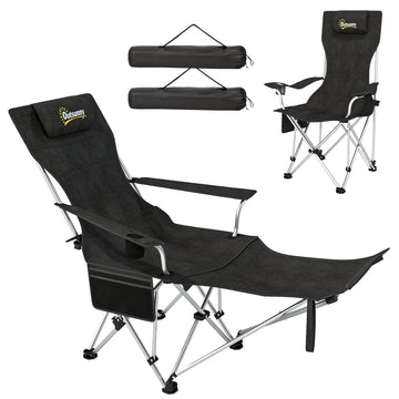 Set of 2 Reclining Camping Chair with Foot Rest, Folding Camping Chair w/ Headrest, Cup Holder, Storage Bag, Black