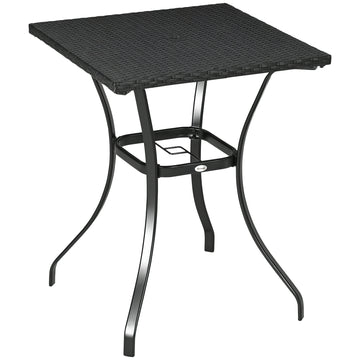 Patio Wicker Dining Table with Umbrella Hole, 34 Inch Outdoor PE Rattan Coffee Table with Plastic Board Under the Woven Table Top for Patio, Garden, Balcony, Black