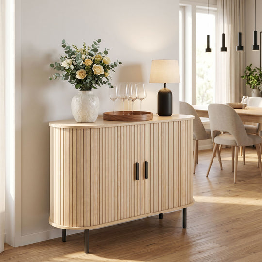 Sideboard Buffet Cabinet with Curved Tambour Doors and Storage, Natural Wood