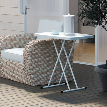 Portable Patio Side Table, Height Adjustable Outdoor Side Table, Folding Balcony Table with HDPE Top and Metal Frame for Balcony Poolside Deck, White