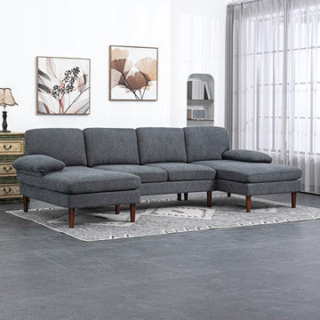 U Shape Couch with Double Chaise Lounge, Modern 4 Seater Sofa with Wooden Legs, Fabric Sofa for Living Room