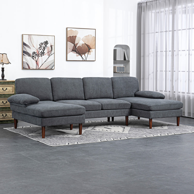 U Shape Couch with Double Chaise Lounge, Modern 4 Seater Sofa with Wooden Legs, Fabric Sofa for Living Room