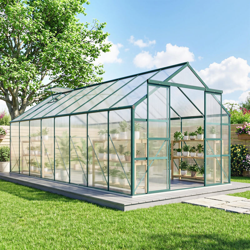 16' x 8' Aluminum Polycarbonate Greenhouse Walk-in Garden Greenhouse Kit with Adjustable Roof Vent, Rain Gutter and Sliding Door for Winter
