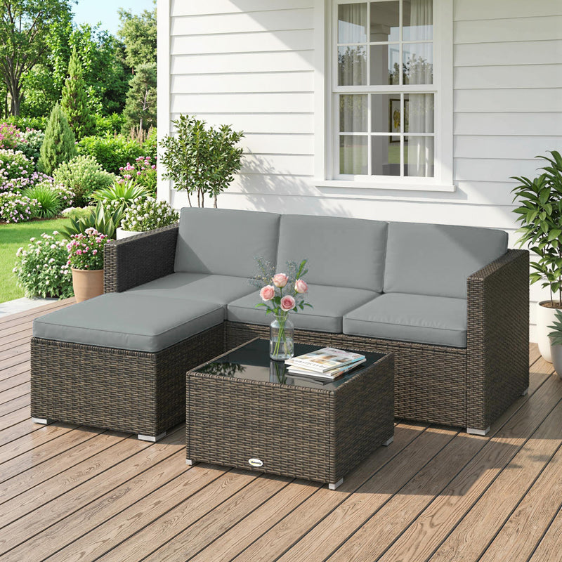 3 Pieces Patio Furniture Set with Cushions, Outdoor PE Rattan Wicker Conversation Corner Sofa Set with Glass Top Table, Light Grey