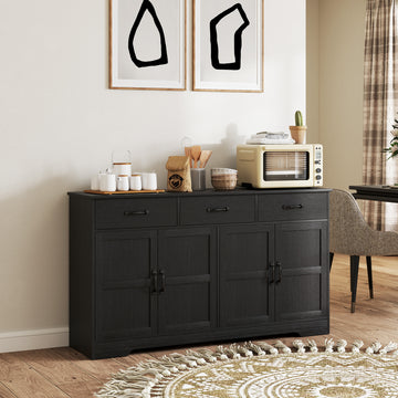 Sideboard Buffet Cabinet with Storage, Modern Coffee Bar Cabinet with 3 Drawers and Adjustable Shelves, Distressed, Black