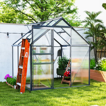 6' x 12' x 6.5' Walk-in Greenhouse, Polycarbonate Greenhouse with Adjustable Roof Vent, Base, Sliding Door, Grey