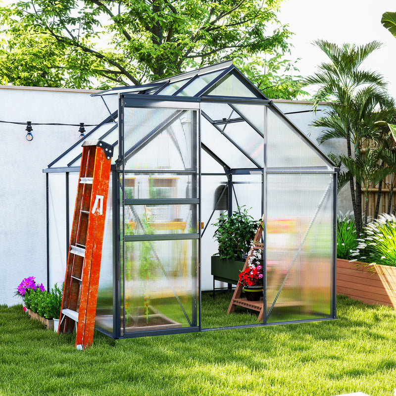 6' x 12' x 6.5' Walk-in Greenhouse, Polycarbonate Greenhouse with Adjustable Roof Vent, Base, Sliding Door, Grey