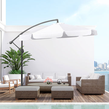 9FT Offset Hanging Patio Umbrella Cantilever Umbrella with Easy Tilt Adjustment, Cross Base and 8 Ribs for Backyard, Poolside, Lawn and Garden, White