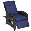 Wicker Recliner Chair with Adjustable Backrest and Footrest, Washable Cushion, Side Tray, Blue