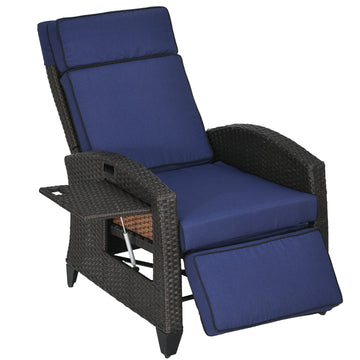 Wicker Recliner Chair with Adjustable Backrest and Footrest, Washable Cushion, Side Tray, Blue