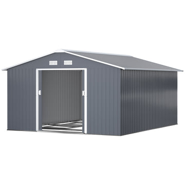 11' x 13'Garden Storage Shed w/ Foundation Kit Metal Tool Storage House w/ Double Doors, Grey