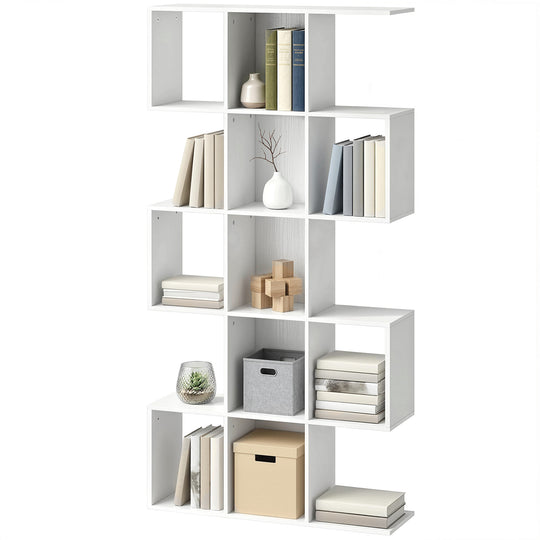 5-Tier Bookshelf, S Shaped Geometric Bookcase with 15 Compartments, White Wood Grain