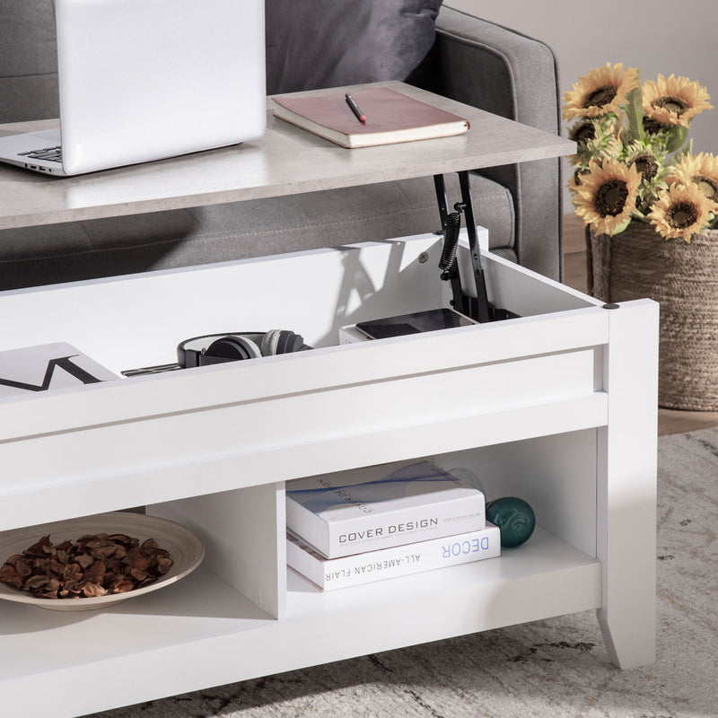 Lift Top Coffee Table with Hidden Storage Compartment and Open Shelves, Lift Tabletop Pop-Up Center Table for Living Room