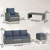 Ensemble de mobilier de patio 6 pièces en rotin PE avec coussins, canapé 3 places, 2 fauteuils inclinables, 2 repose-pieds et table, bleu foncé