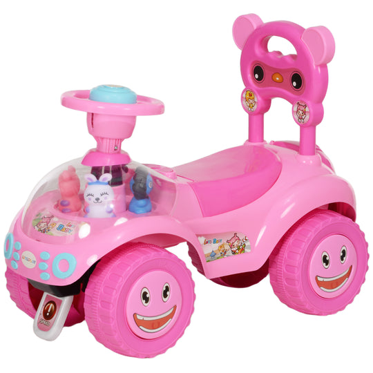 Toddlers Push Car with Horn, Light, Music, Anti-Over-Backwards Device, Steering Wheel, Under Seat Storage, Pink