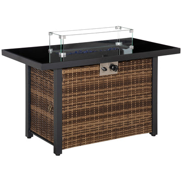 Propane Fire Pit Table 43in Outdoor Fire Table, 50,000 BTU Pulse-Ignition Wicker Firepit Furniture with Glass Wind Guard, Blue Glass Rock, CSA Certification, Brown