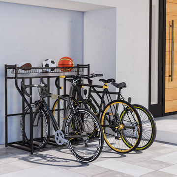 Soozier 4 Bicycle Bike Stand, Metal Floor Bike Storage Rack with Basket, Hooks, Indoor Outdoor Bicycle Stand, Black