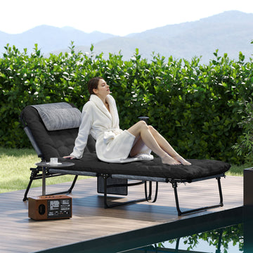Folding Lounge Chair with 4-level Reclining Back & Cushion, Black