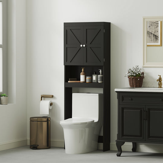 Over The Toilet Cabinet, Modern Bathroom Above Toilet Storage with Barn Doors and Open Shelf, Black