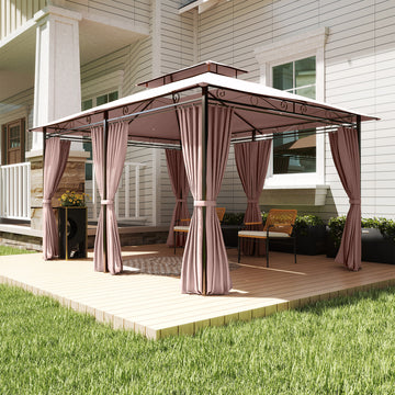 10' x 13' Patio Gazebo, Outdoor 2-Tiers Garden Canopy Yard Sunshade Shelter with Curtains, Khaki
