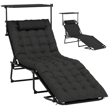 Folding Lounge Chair with Adjustable Canopy, 4-Position Outdoor Tanning Chair with Headrest, Black
