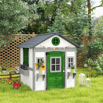 Kids Wooden Outdoor Playhouse for Toddlers aged 3–8, featuring Door, Windows, Planter Pots and Boxes, Garden Cottage Style Backyard Playhouse, White