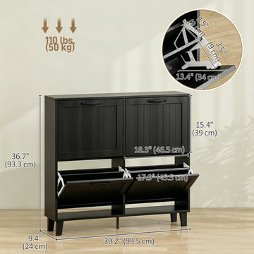 Shoe Cabinet with 4 Flip Drawers, Freestanding Narrow Shoe Storage Cabinet with Adjustable Shelves, Open Back, Black
